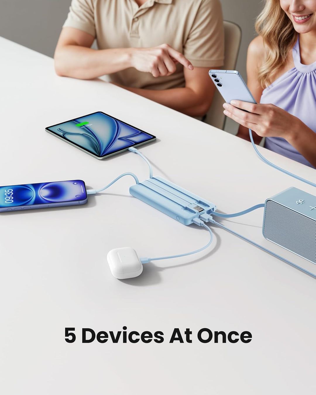 10000mAh Powerbank mit Integriertem Kabel, USB C Tragbares Ladegerät, 5 Ausgänge 2 Eingänge LED Disp