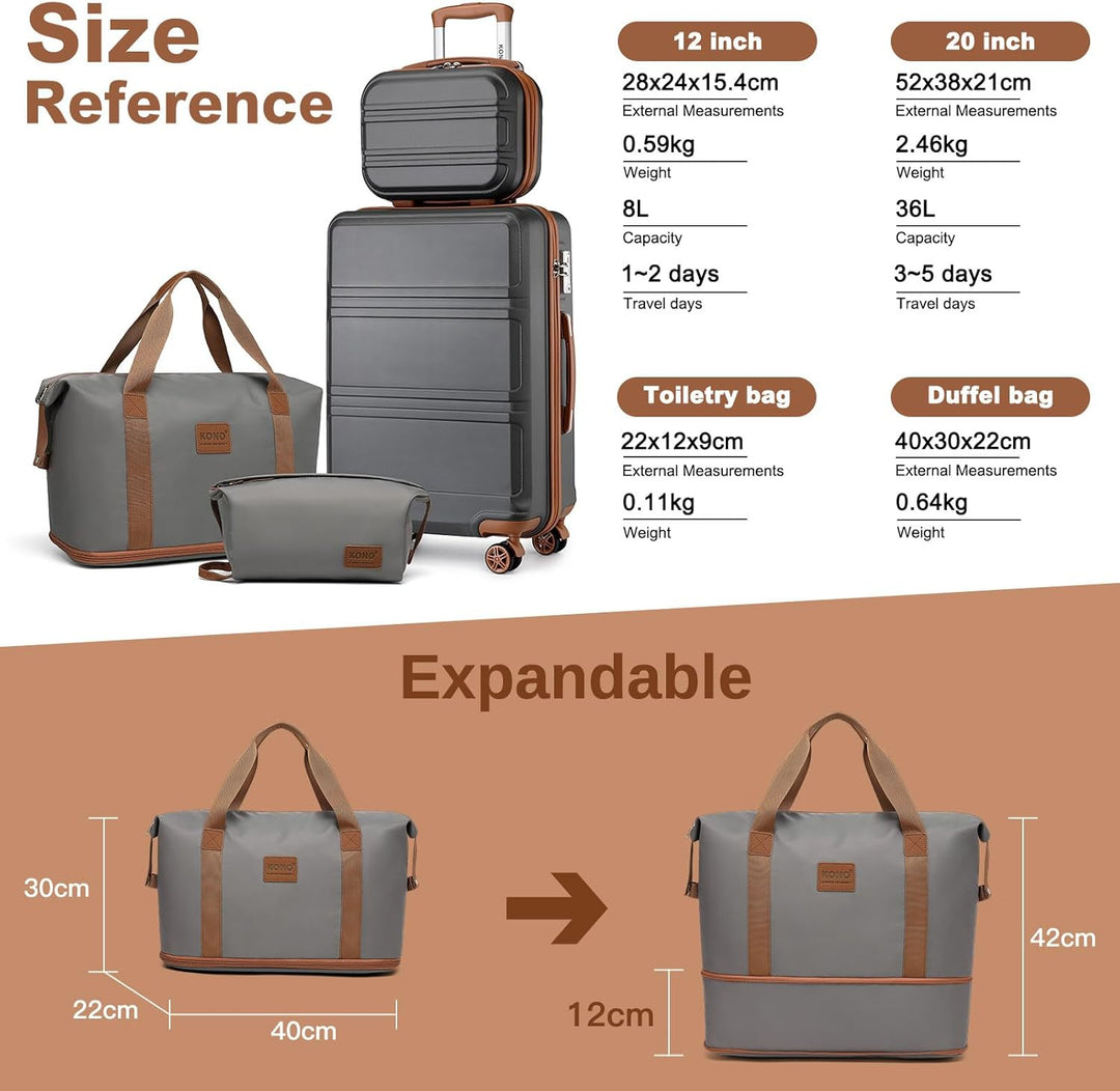 KONO Reisekoffer Set Gepäcksets 4 Teilig Kofferset, 55cm Handgepäck mit Beautycase Kosmetikkoffe mit