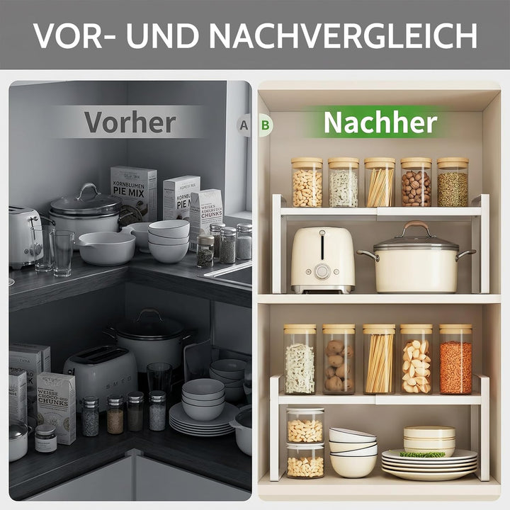 Erweiterbares Schrankregal - 24-42cm Stapelbarer Küchenregal Organizer für Küchenschrank und Arbeits