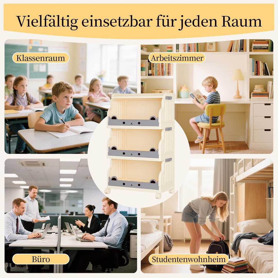 Mobiles Bücherregal Kinder mit Rollen 4 Ebenen Faltbar | Kinderregal Bücherwagen Spielzeug Regal Kin