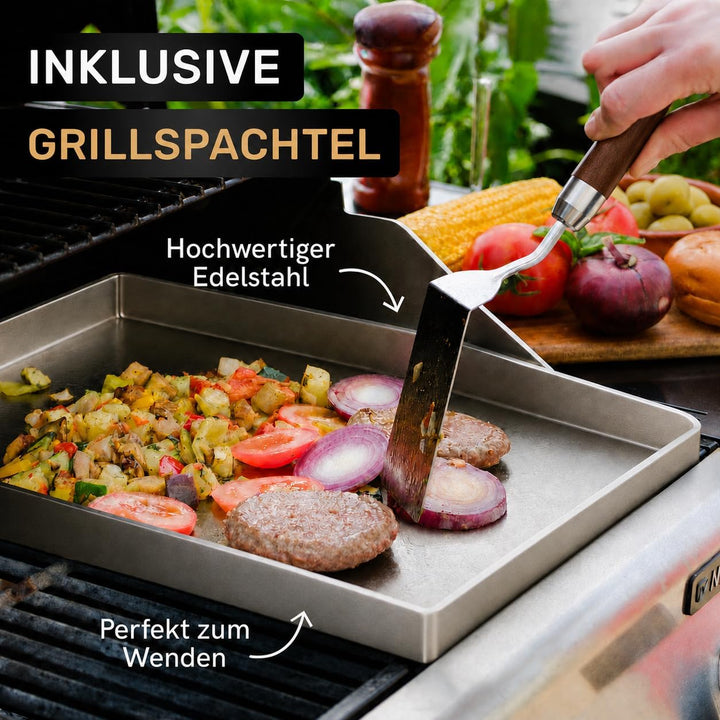 AMZBBQ® Premium Plancha Set - 40 x 30 cm - ca. 5 mm massiver Edelstahl - 20% stärker als herkömmlich
