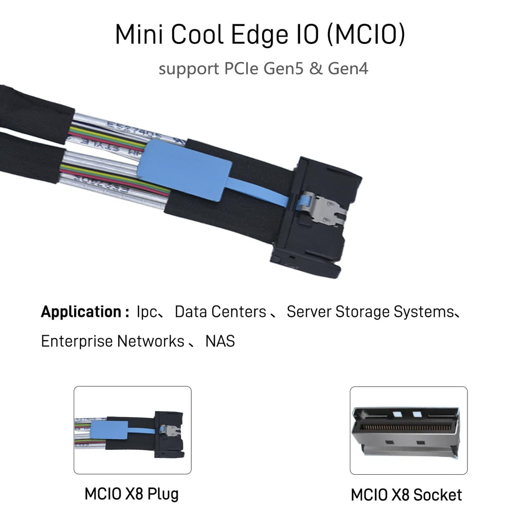 PCIe Gen5 MCIO x8 to 2 x SFF-8639 Kabel für U.2 NVMe SSD mit 15Pin SATA, 65 cm, 65 cm