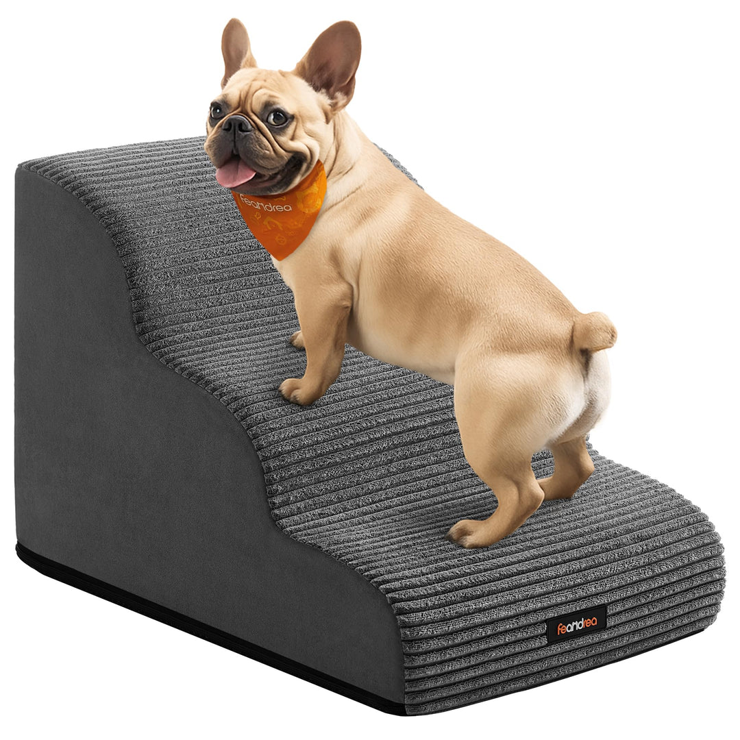 Feandrea Hundetreppe, 3 Stufen, Cord mit Querstreifen, Haustiertreppe, für Bett, Sofa, wasserdicht,