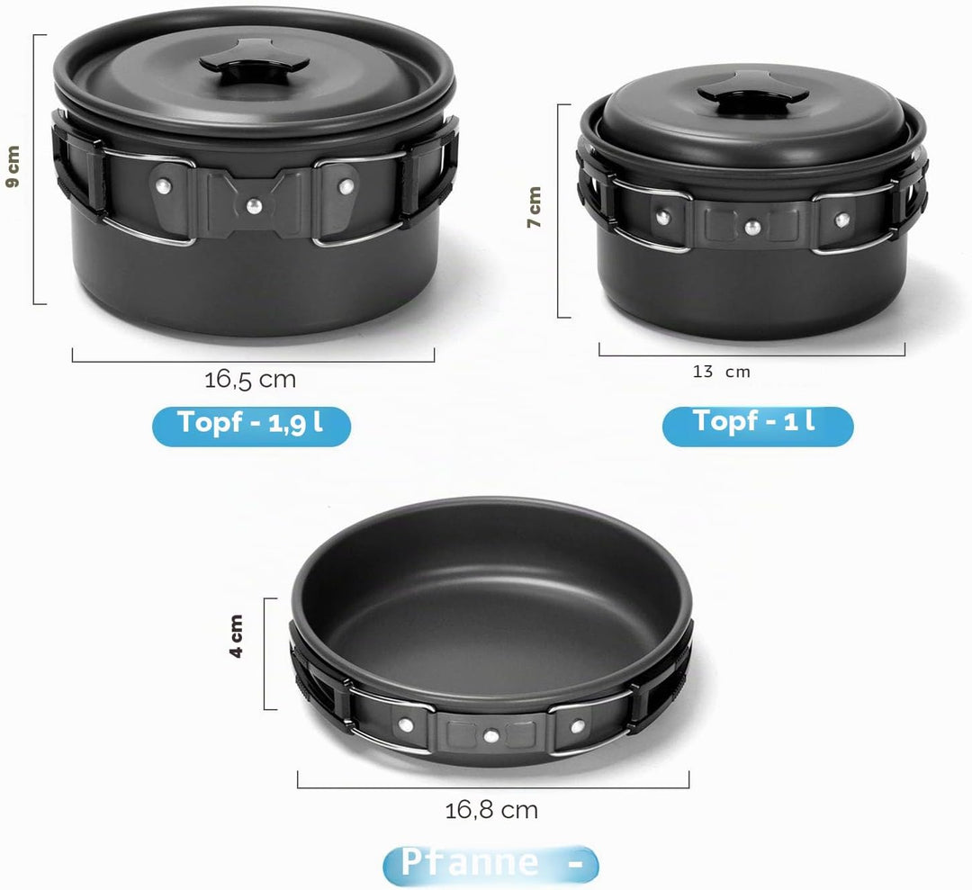 Odoland Kochgeschirr-Set mit Töpfen und Bratpfanne, zusammenklappbarer Besteckbecher, für 1-2 Person