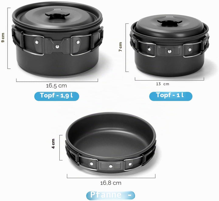 Odoland Kochgeschirr-Set mit Töpfen und Bratpfanne, zusammenklappbarer Besteckbecher, für 1-2 Person