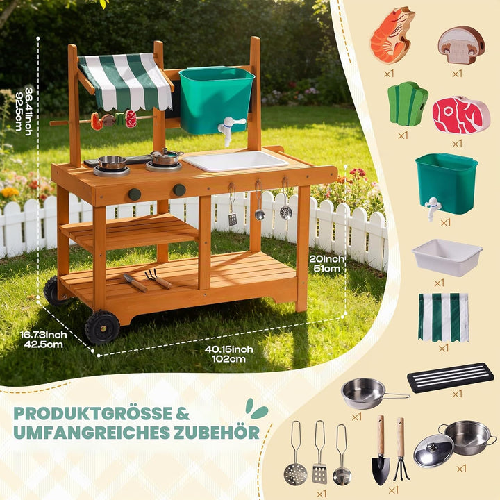 ROBOTIME Mud Kitchen Outdoor Spielset für Kinder, Spielküche mit rollenden Rädern, Schiebegriff, dre