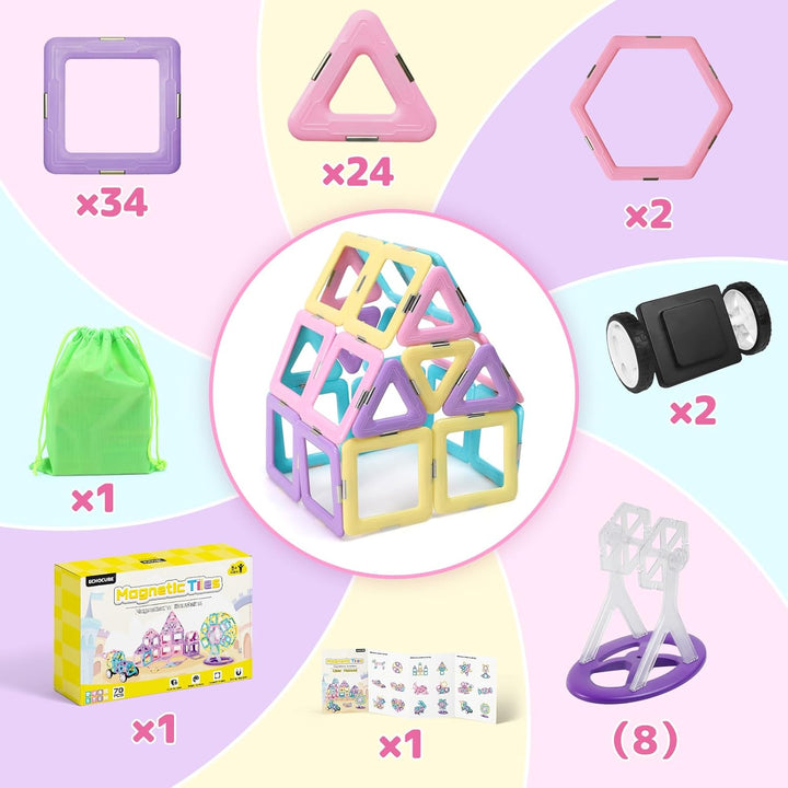 ECHOCUBE Magnetische Bausteine, 70 Teile Magnetische Kacheln mit Magnet Räde Set für Kinder ab 3 Jah