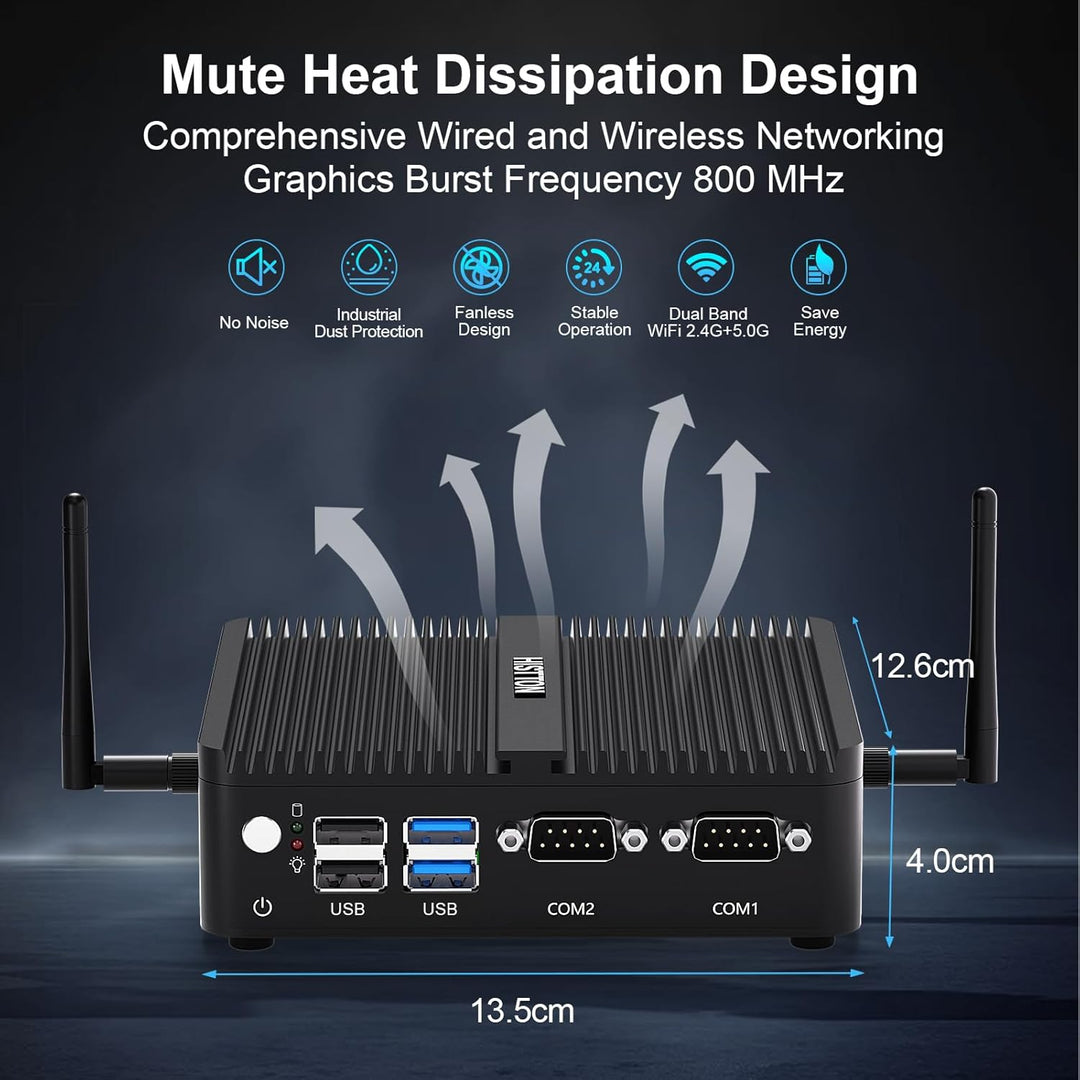 HISTTON Mini PC Lüfterlos Celeron J4125, DDR4 8GB RAM 128GB SSD, Industrie PC mit 2 RS232 COM, Dual