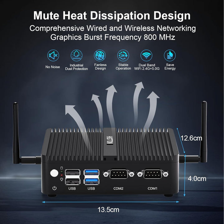 HISTTON Mini PC Lüfterlos Celeron J4125, DDR4 8GB RAM 128GB SSD, Industrie PC mit 2 RS232 COM, Dual