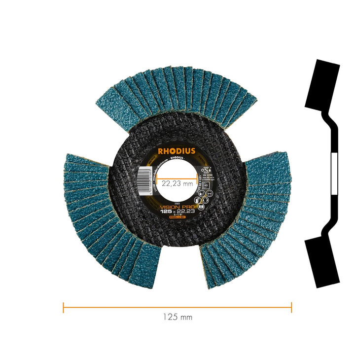 RHODIUS VISION PRO, 10 Stück Ø 125 mm K60 Fächerscheiben durchsichtig, Made in Germany, Metall Edels