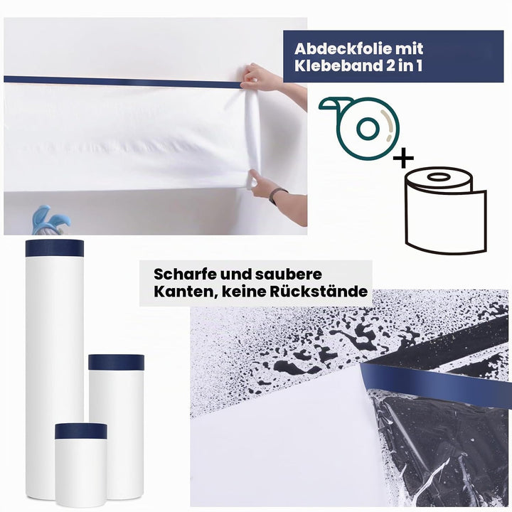 ADHES Abdeckfolie Mit Klebeband, Maler Abdeckfolie Malerband Abdeck-Folie, Malerfolie Malerkrepp Für