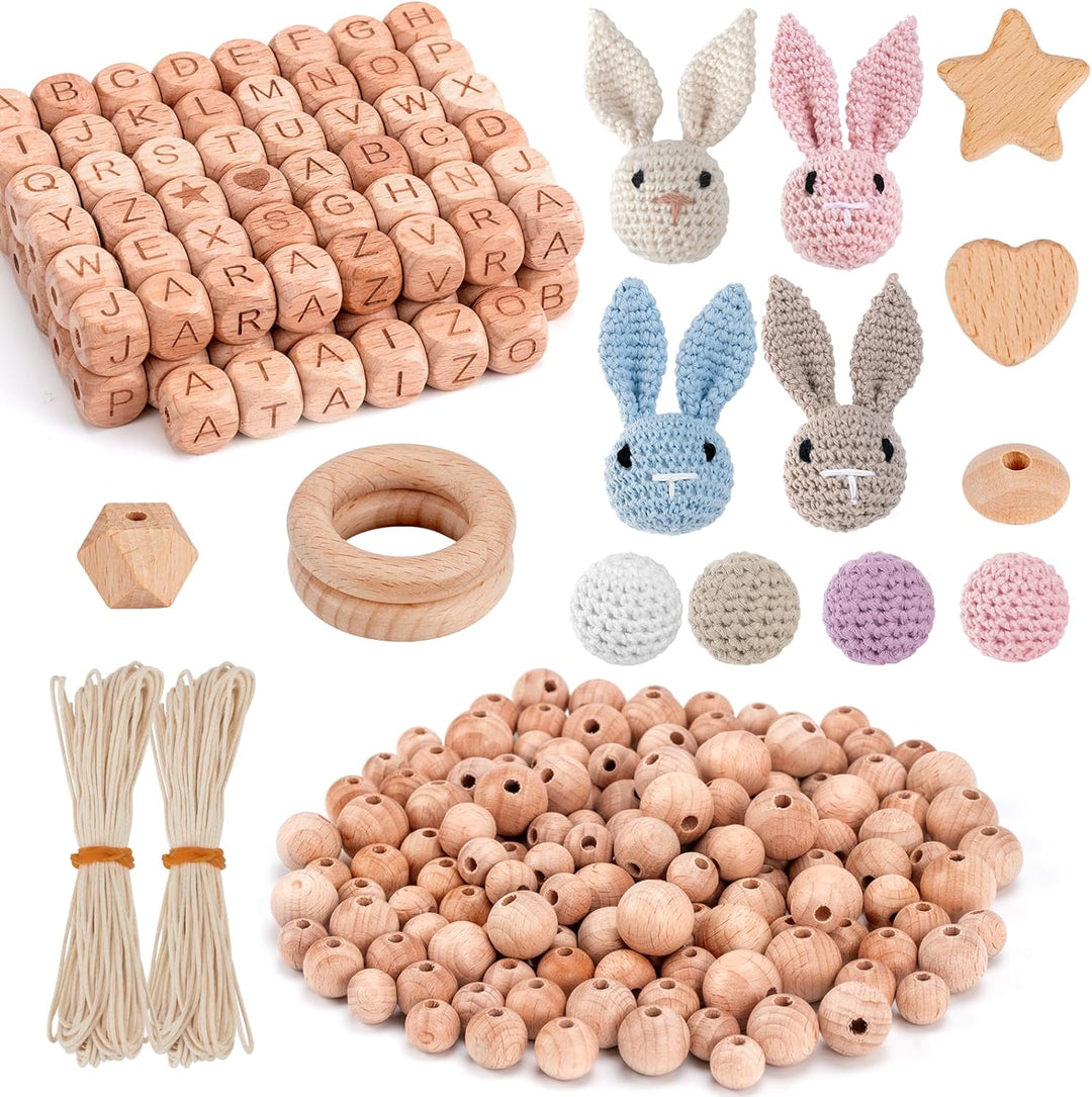 Artebeads Holzperlen Holzringe Set, 322 Stück Beech holzperlen Rund Holzkugeln mit Loch zum Auffädel