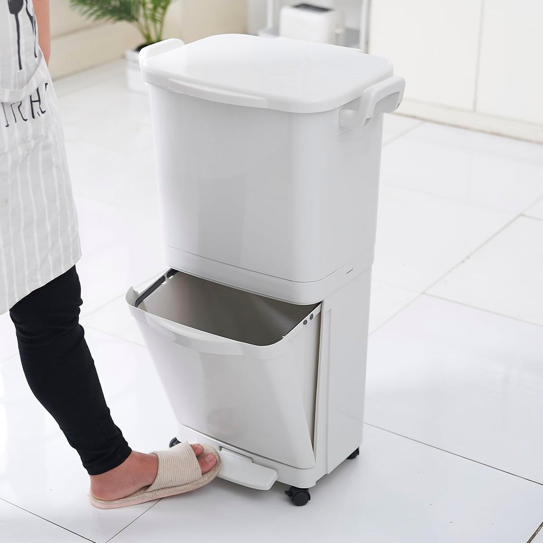 KITCHEN MOVE Valoris Mülleimer zur Mülltrennung, 45 l, mit Pedal, mit Rollen und Griff – Doppelfach