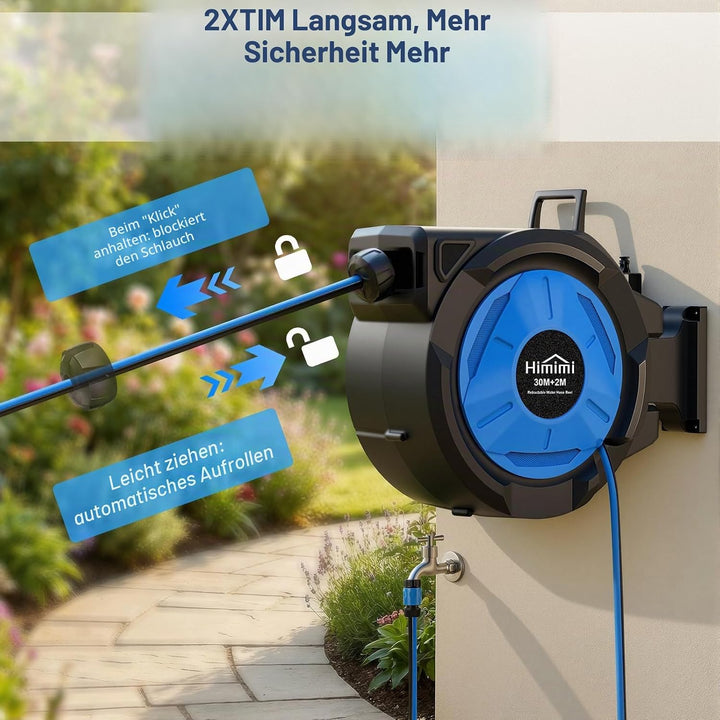 Himimi Ausziehbare Wand-Schlauchtrommel, 30 m + 2 m 1/2-Zoll-Schlauch, automatische Schlauchaufrolle