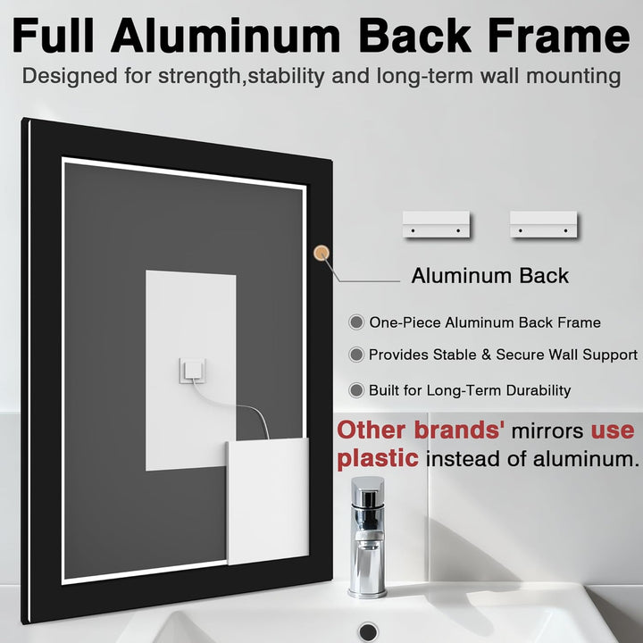 50x70cm Badspiegel mit Beleuchtung, Hartglas Badspiegel LED Antibeschlag, Schwarzer Aluminiumrahmen
