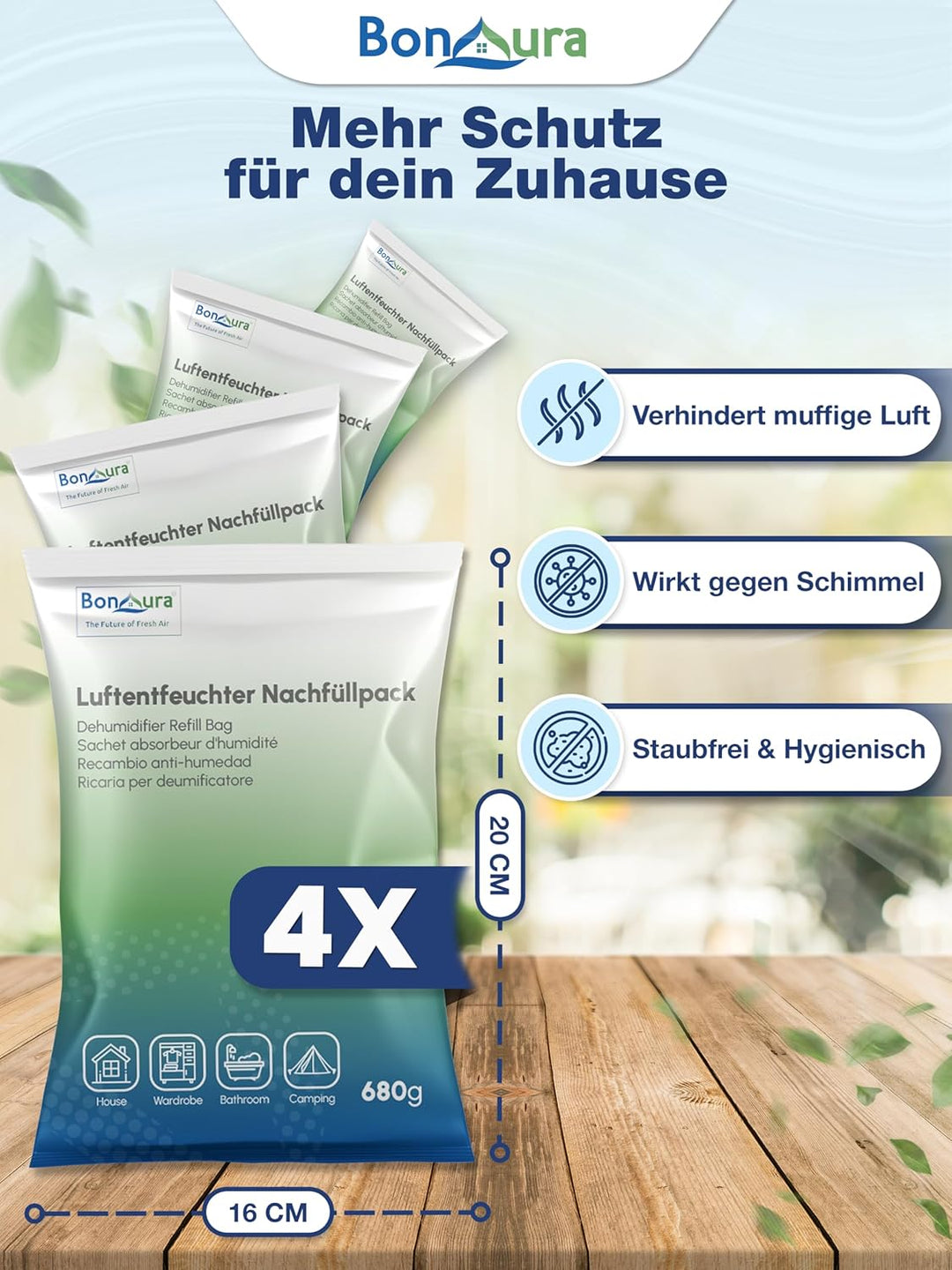 BonAura® Luftentfeuchter Nachfüllpack 4 x 680g - Sparset Luftentfeuchter Granulat - 4er Set Entfeuch