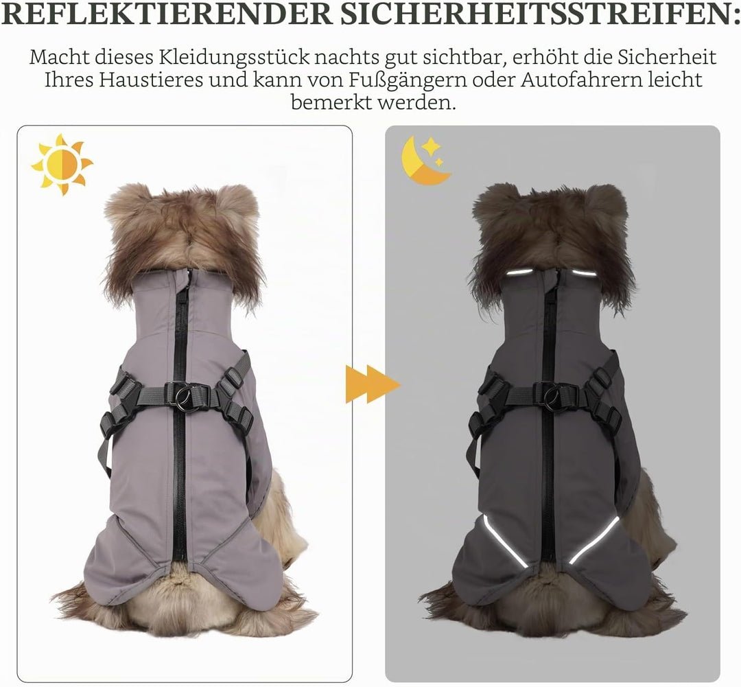 Graue mittelgrosse Hunde-Regenjacke, wasserdicht mit Geschirr - leicht anzuziehen, reflektierender R