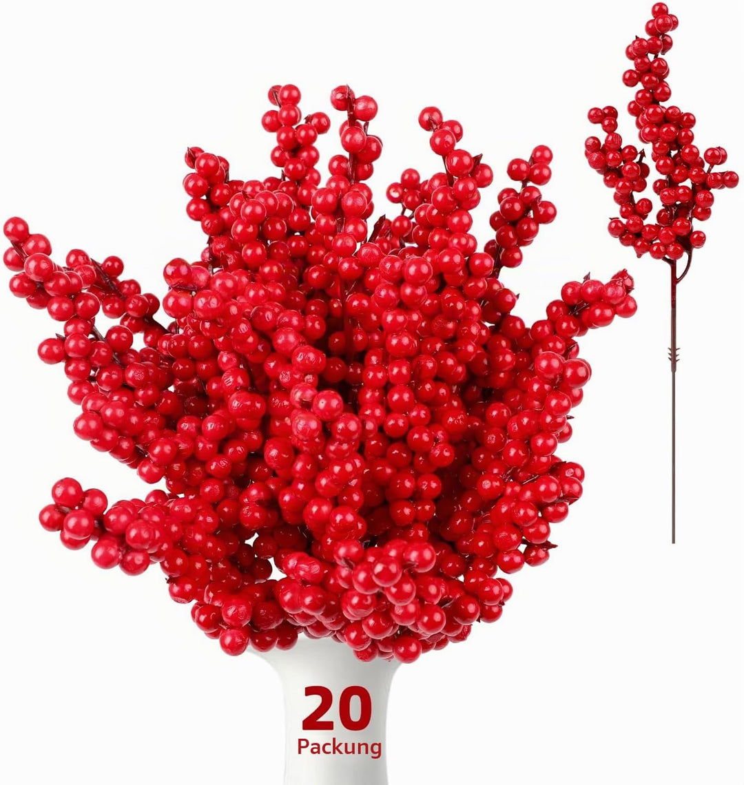 SULOLI 20 Stück Künstlicher Beerenzweig,Gefälschte rote Beeren,Stechpalmenbeeren,künstliche Frostebe