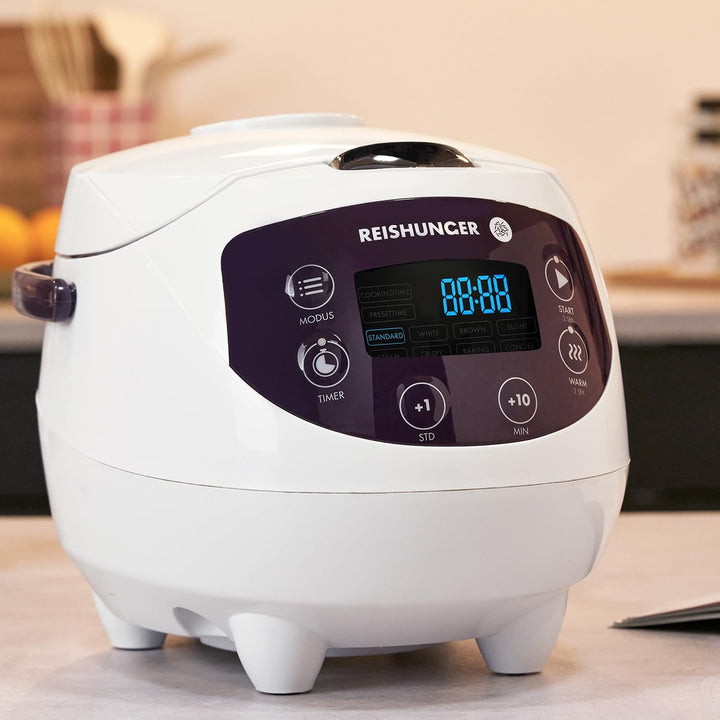 Digitaler Reishunger Mini Reiskocher und Dampfgarer in Weiss - Warmhaltefunktion, Timer & Premium To