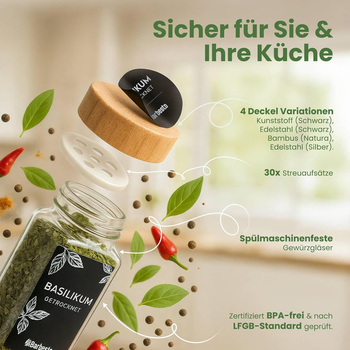 CLP Gewürzgläser eckig 24er Set (120ml), Gewürzstreuer klein mit Streueinsätzen und Etiketten, inkl.