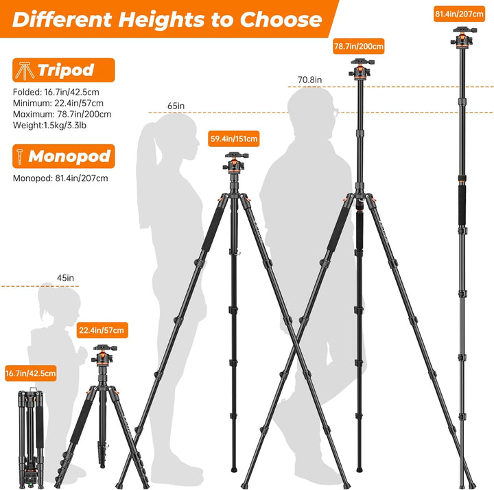 Victiv 200cm Kamera Stativ, Tragbares Stabiles Reisestativ, 2-in-1 Dreibein Stativ & Einbeinstativ m