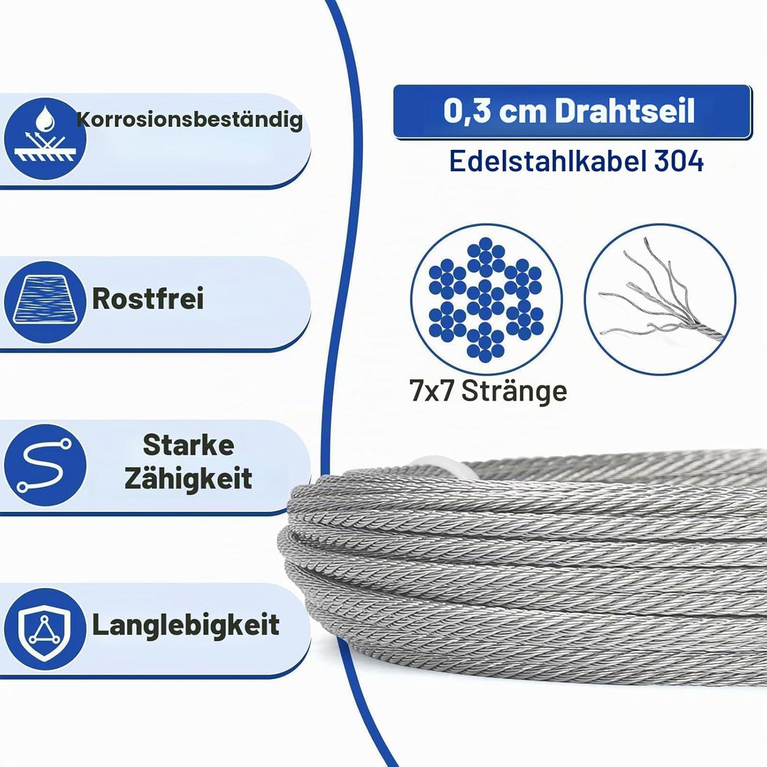 TooTaci Edelstahlseil 3mm Set,15M Drahtseil Rankhilfe Set,304 Edelstahl Stahlseil &amp; M6 Seilspanner S