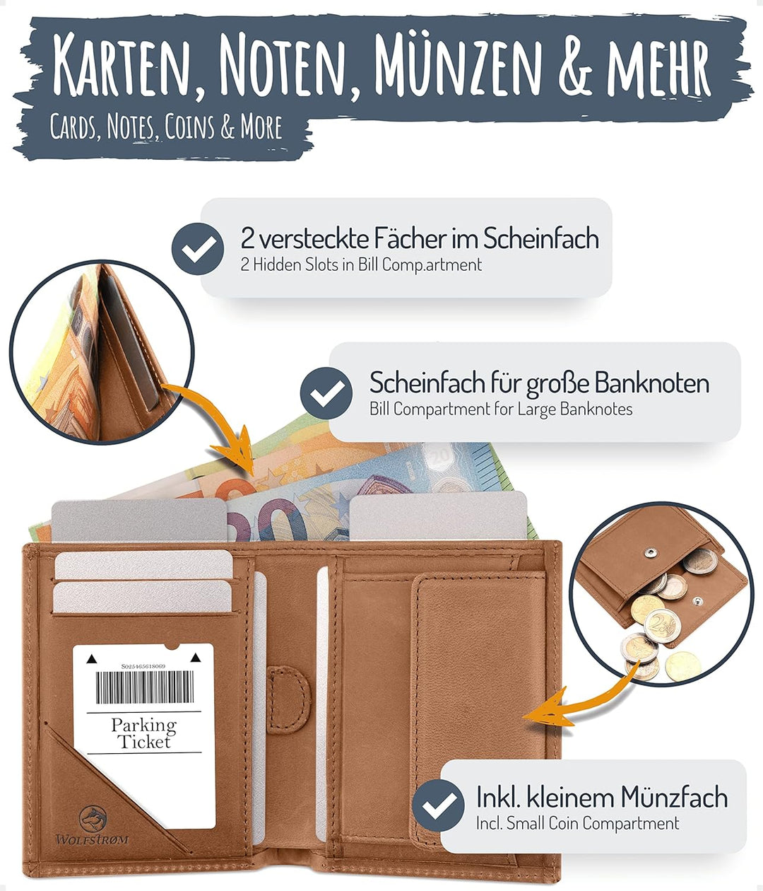 Geldbörse Herren Damen Leder Klein Münzfach RFID Hochformat 'Svåla' – Mini Portemonnaie, Slim-Wallet