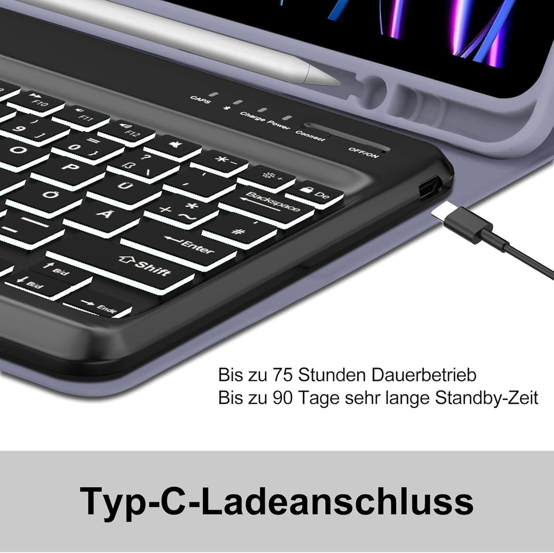 Für iPad Pro 12,9" Hülle mit 7-Farben Beleuchtung Tastatur (2018-2022) – QWERTZ Bluetooth Tastatur,