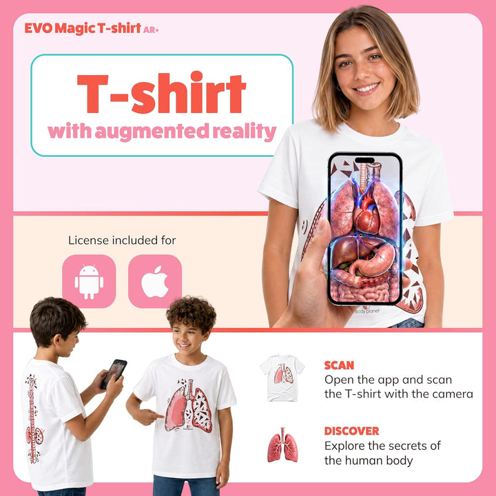 AR+ Body Planet - Magic t-Shirt EVO Pädagogisches Augmented Reality T-Shirt (M) Kurzarm M Weiss, M W