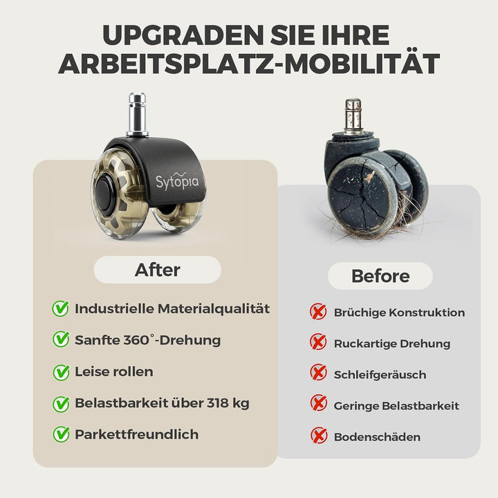 Sytopia Bürostuhl Rollen 11mm x 22 mm, 5er Set Rollen für Bürostühle, Super Leise und Weiche für Har