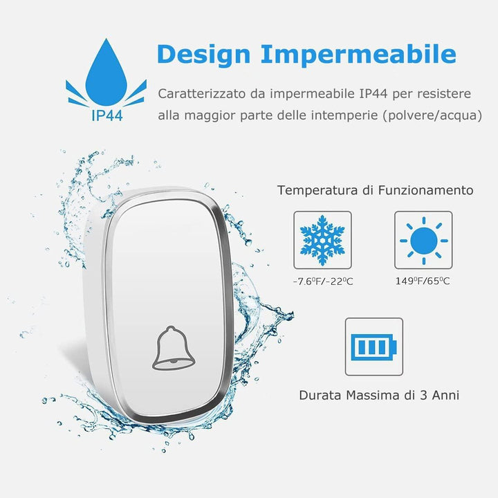 YYQ Türklingel kabellos-Outdoor Wasserdicht IP44 mit Reichweite 300 m, LED-Anzeige, 2 Knopf Sender u