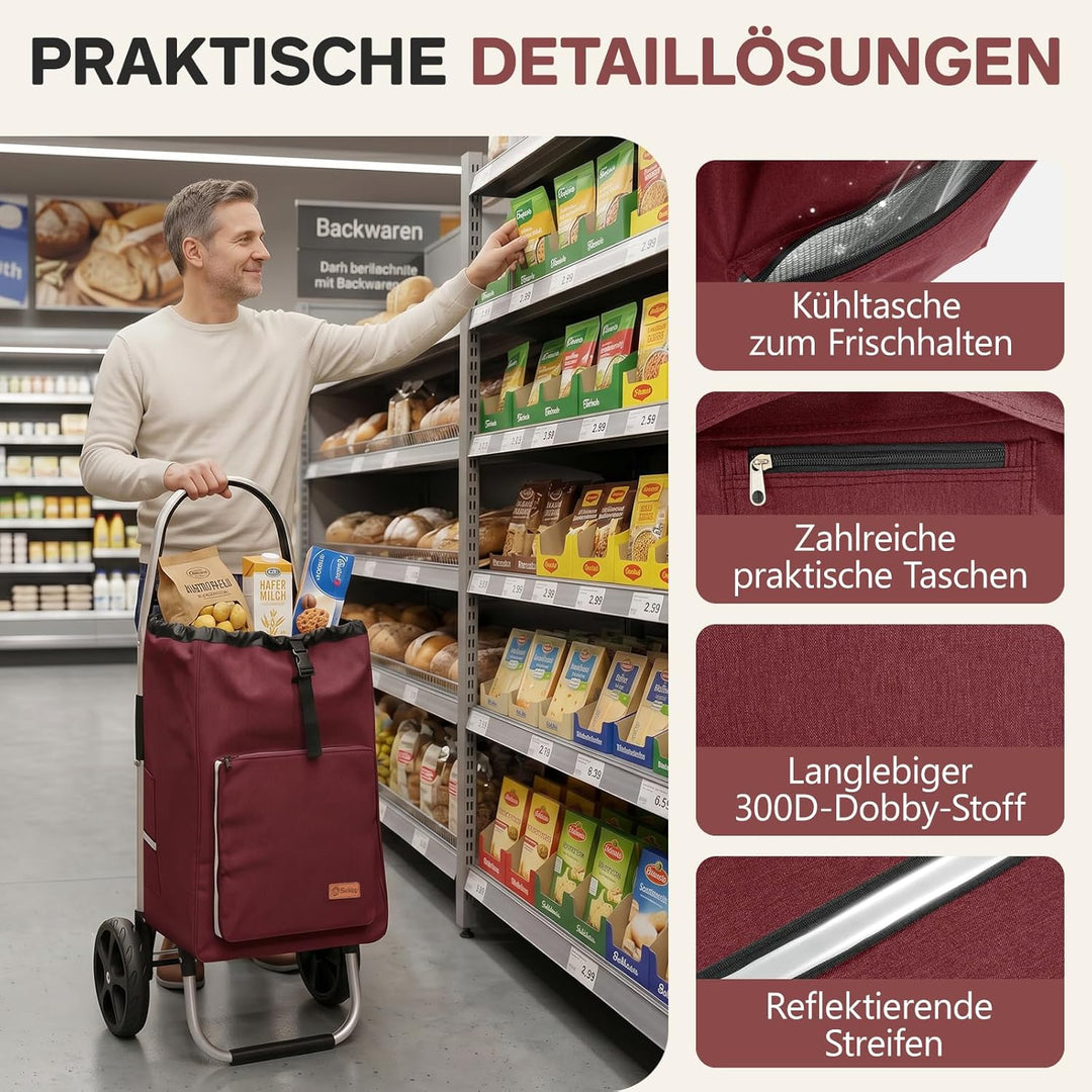 Sekey Einkaufstrolley klappbar, XXL Einkaufstasche mit Kühlfach, Aluminiumrahmen, Faltbarer Einkaufs