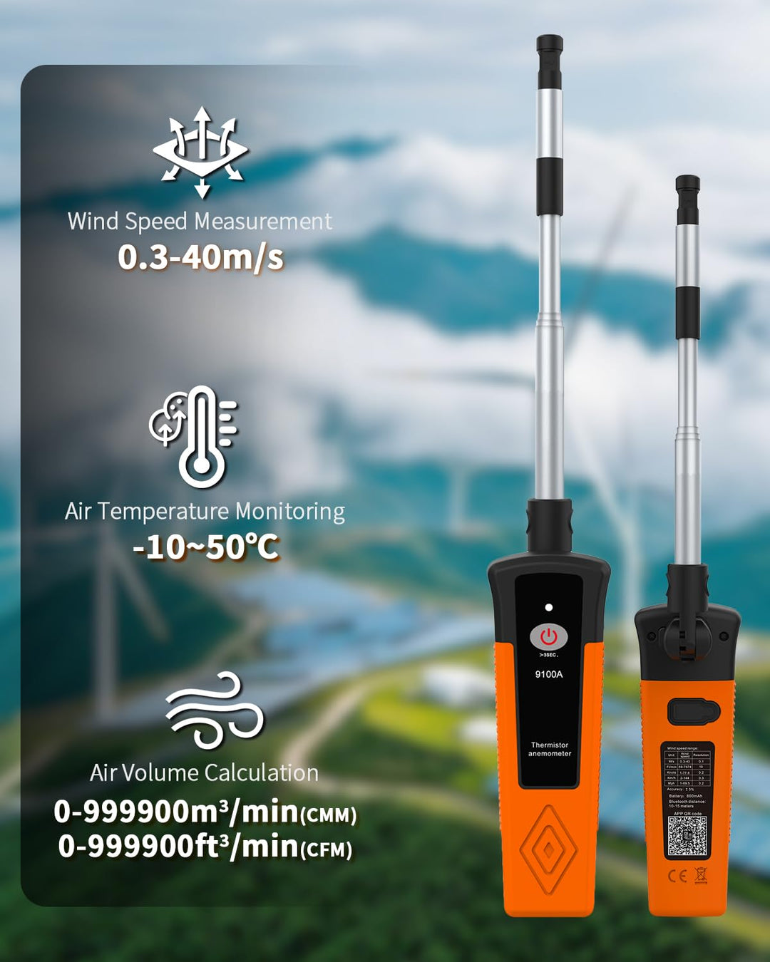 SURLABA Hitzdraht-Anemometer, XF-9100A CFM Luftgeschwindigkeitsmesser Bluetooth-APP-Verbindung, Outd
