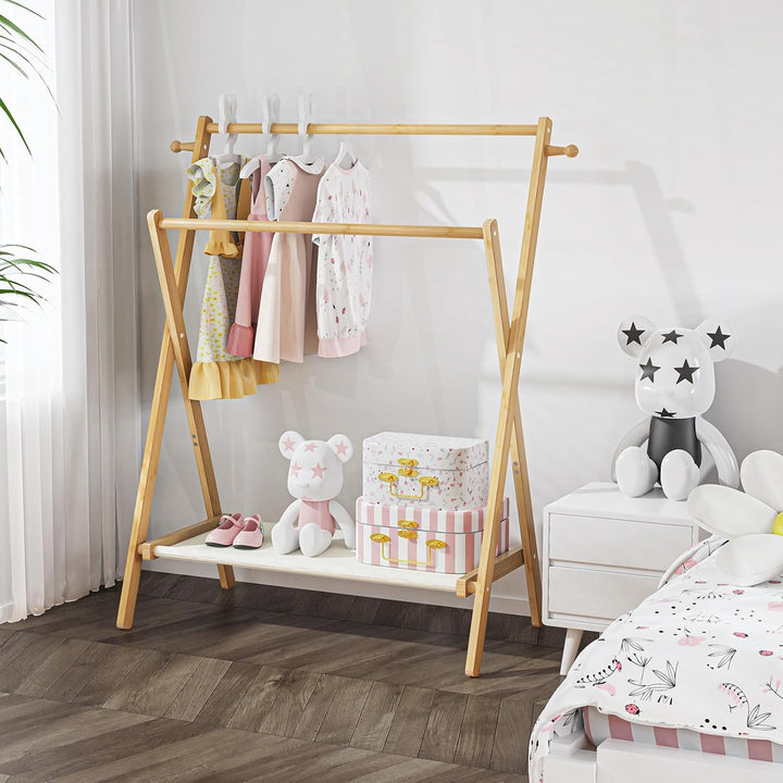 BAMBOOHOMIE Kinderkleiderständer, Kostümständer für Kinder, mit Regal und Doppelstangen, zusammenkla