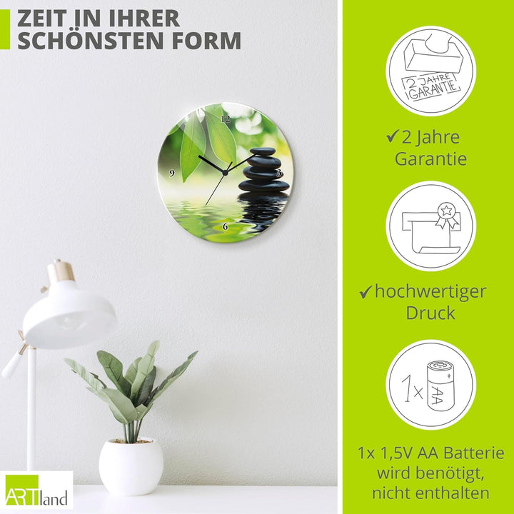 ARTLAND Wanduhr ohne Tickgeräusche Glas Funkuhr Ø 30 cm Rund Lautlos Zen Asiatisch Spa Steine See Bl