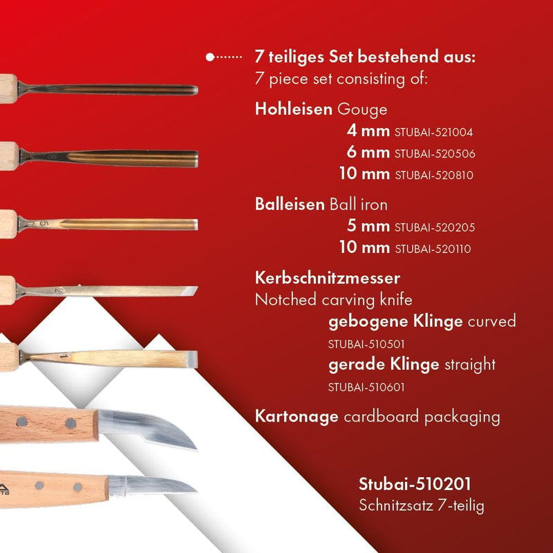 STUBAI Schnitzersatzset Kerbschnitzmesserset Serie 52, 7-teilig - Balleisen 5 mm & 10 mm + Hohleisen