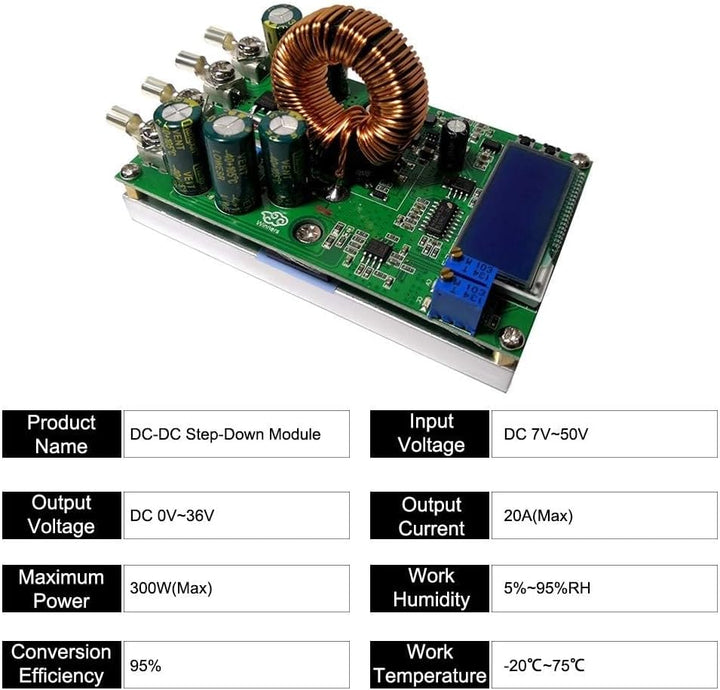 300W 20A DC DC Wandler Regelbar Step Down Converter, 7-50V to 0-36V Buck Converter Stromversorgungs