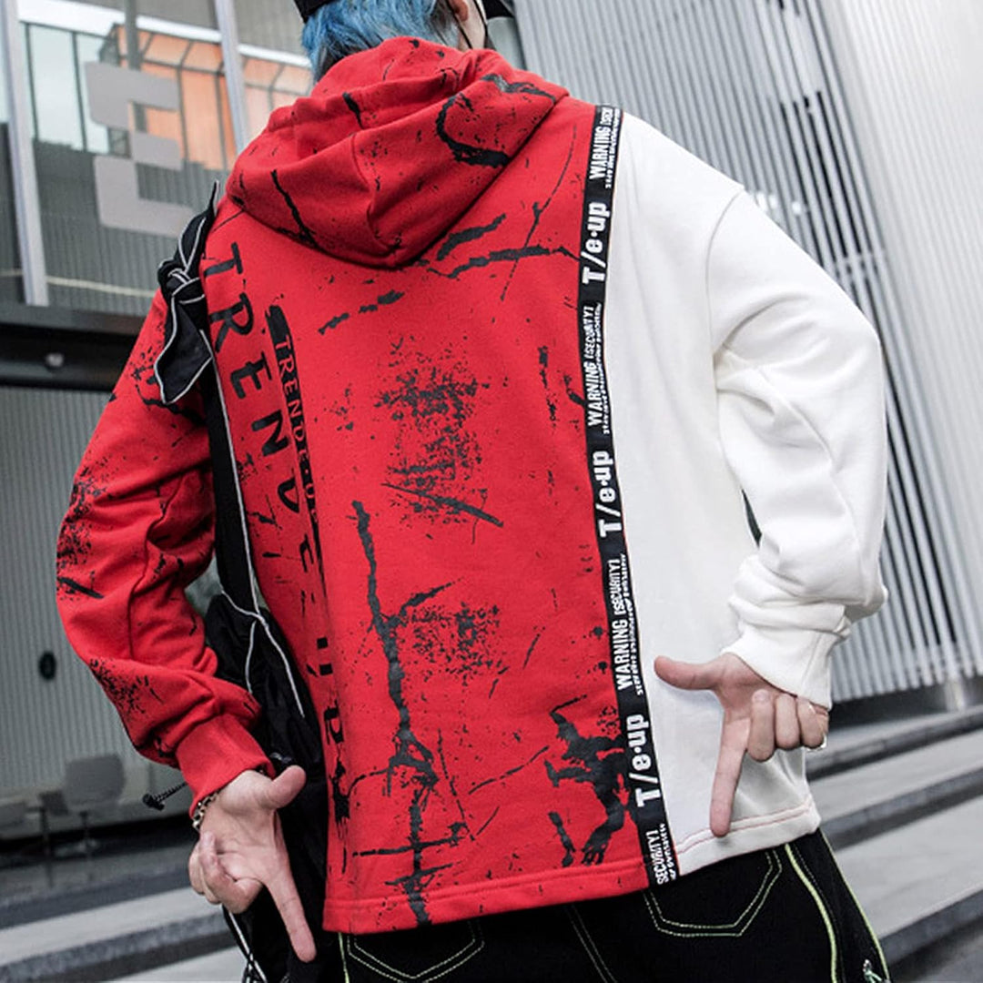 Hoodie Herren Techwear Kapuzenpullover Pullover Hip Hop Streetwear Patchwork Sweatshirt Unisex S Rot