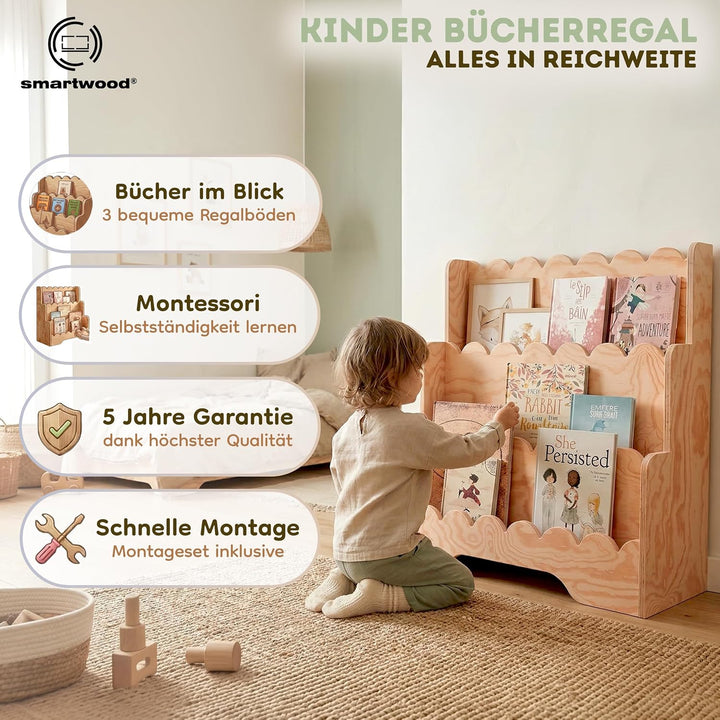 smartwood Montessori Bücherregal Kinder - Kinderzimmer-Regal mit 3 Fächern aus FSC-zertifiziertem Ki