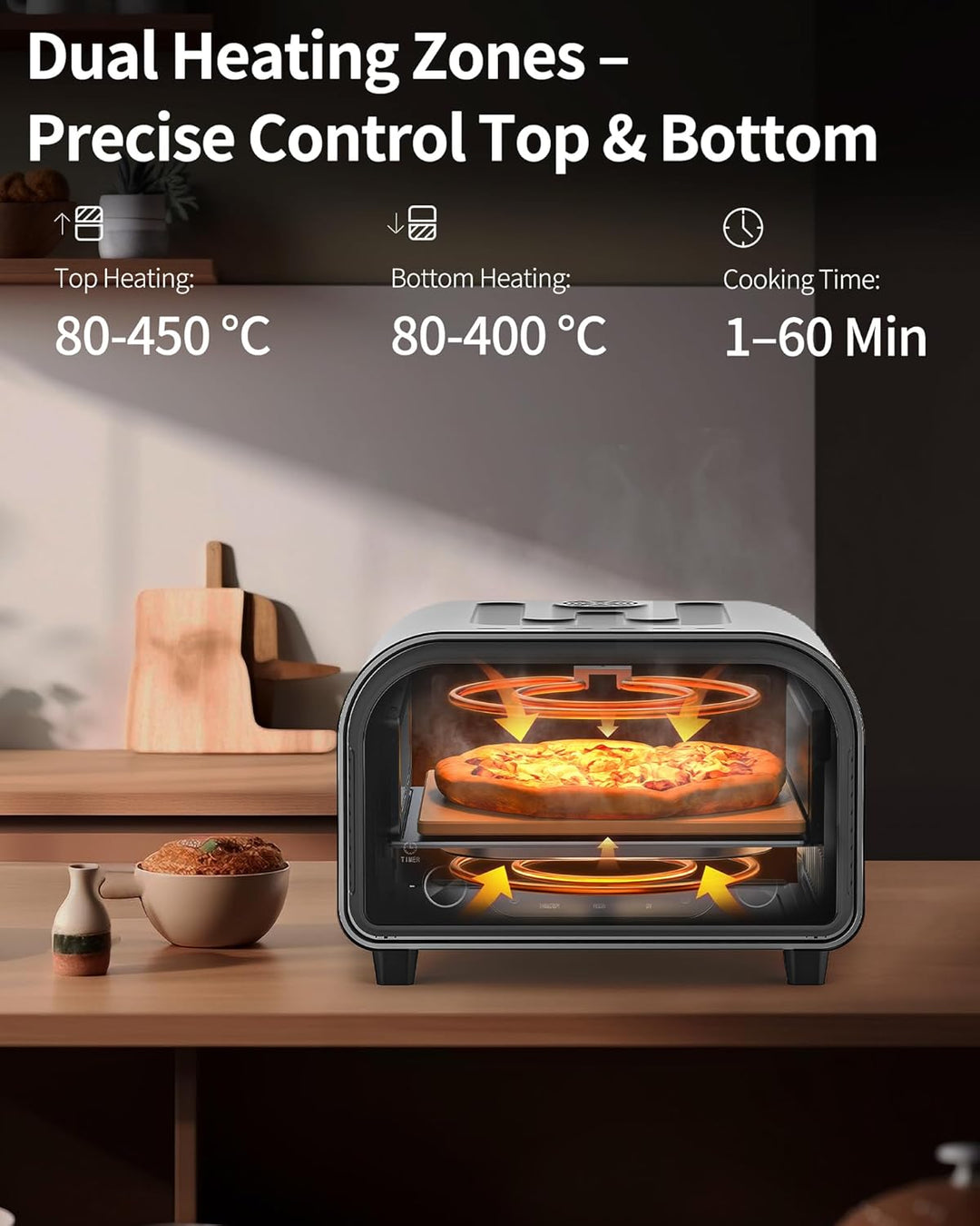Pizzaofen Elektrisch – 450°C für 90Sek. Pizza, 5 Programme + DIY, LED Touchscreen & Drehregler, inkl