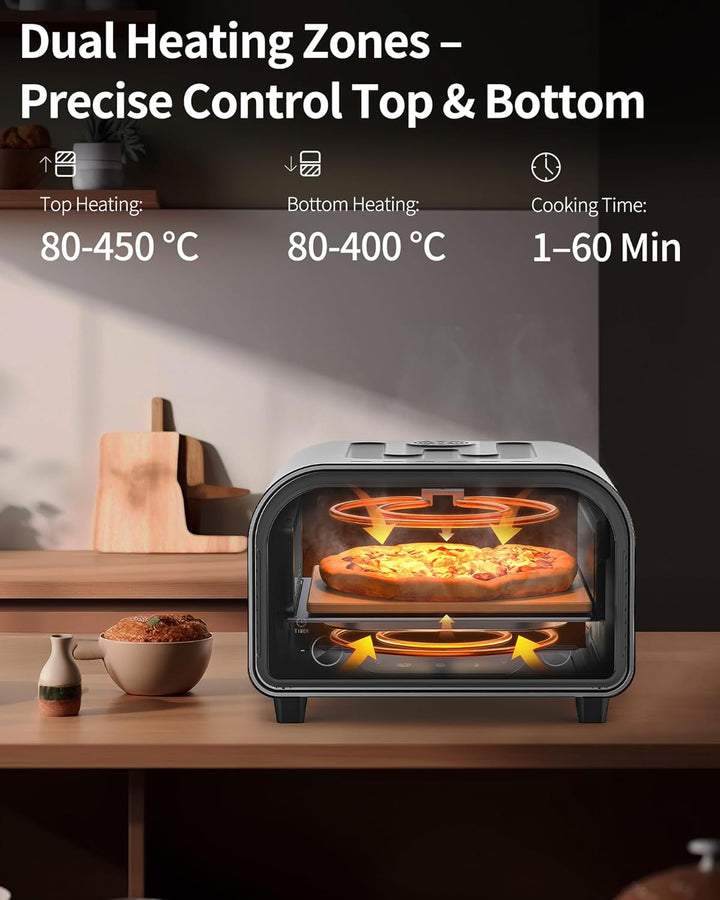 Pizzaofen Elektrisch – 450°C für 90Sek. Pizza, 5 Programme + DIY, LED Touchscreen & Drehregler, inkl