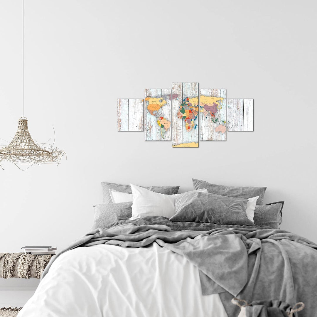 Runa Art Wandbilder Weltkarte Holz 5 Teilig Bild auf Vlies Leinwand Deko Büro Wohnzimmer Landkarte W