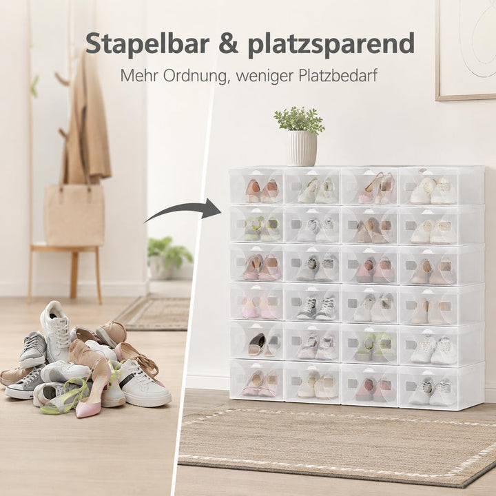 20 Stück Transparent Schuhbox Organizer Stapelbar Schuhaufbewahrung Klappbar Schuhboxen Kunststoff S