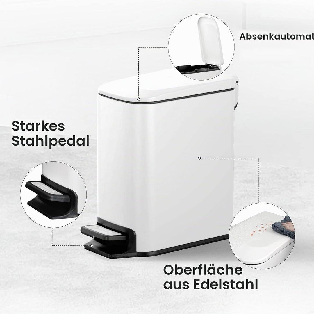 Cesun Kleiner Badezimmer-Mülleimer mit Deckel, Absenkautomatik, Trittpedal, 6 Liter, Edelstahl-Mülle