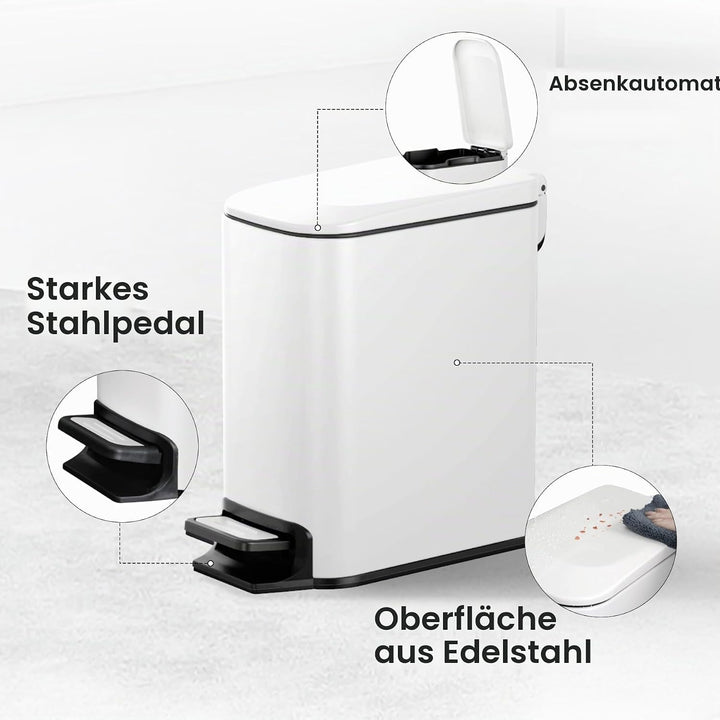 Cesun Kleiner Badezimmer-Mülleimer mit Deckel, Absenkautomatik, Trittpedal, 6 Liter, Edelstahl-Mülle