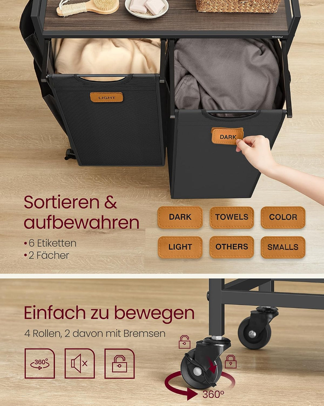 VASAGLE Wäschekorb 2 Fächer, 100 L, Wäschewagen mit Ablage, Rollen | Wäschesammler/-sortierer/-sack,