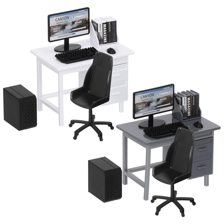 2 Sets Miniatur-puppenhausmöbel, Computer-schreibtischzubehör, Massstab 1:12, Mini-bürotisch, Stuhl,
