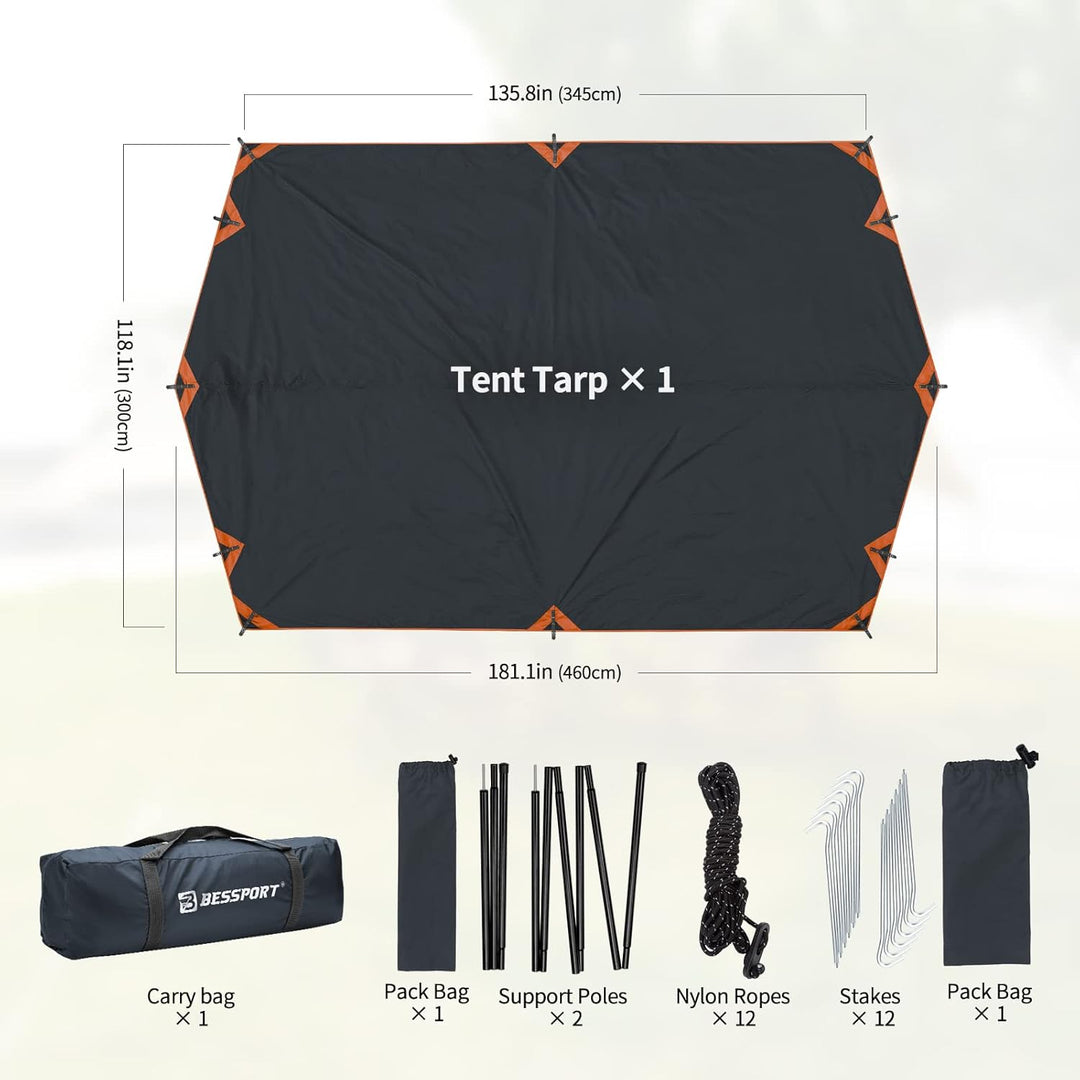 Bessport Tarp, Zeltplane Wasserdicht, 3x4.6m Mit Stützstange, Erdnägeln und Nylonschnur, Ultraleicht