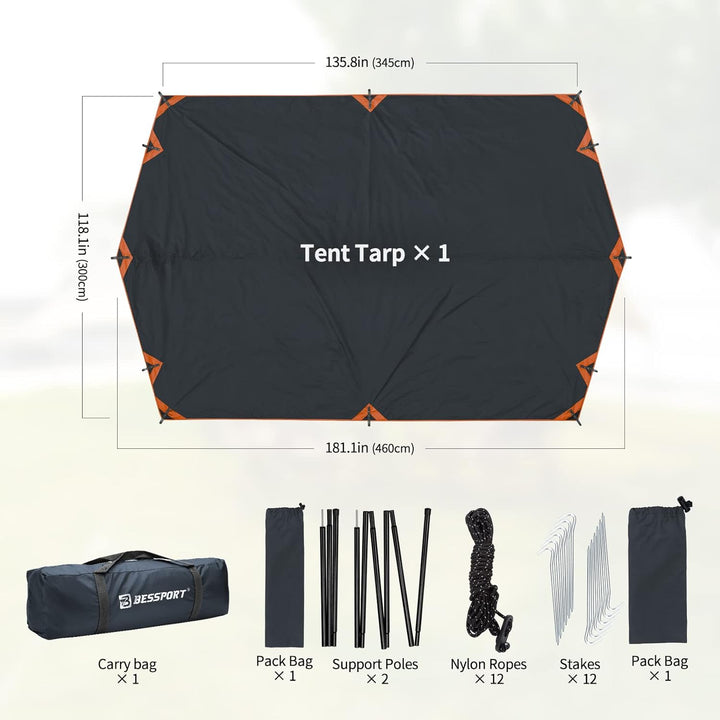 Bessport Tarp, Zeltplane Wasserdicht, 3x4.6m Mit Stützstange, Erdnägeln und Nylonschnur, Ultraleicht
