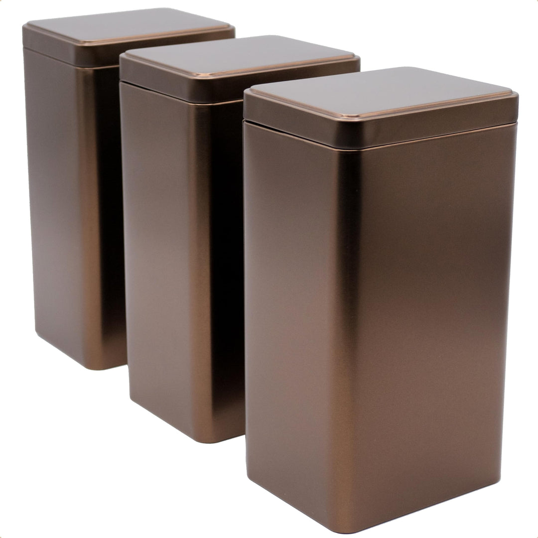 3 x eckige Kaffeedose/Teesdose, STAPELBAR, metallic kaffeebraun, aromadicht aus Metall für je 500g K